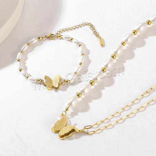 Fashion Stainless Steel Jewelry Sets, 304 Stainless Steel, bracelet & necklace, with Plastic Pearl, Butterfly, Vacuum Ion Plating, fashion jewelry & for woman 