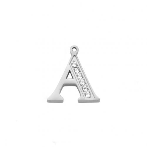 Rhinestone Stainless Steel Pendants, 304 Stainless Steel, Alphabet Letter, letters are from A to Z & DIY & with rhinestone, original color [