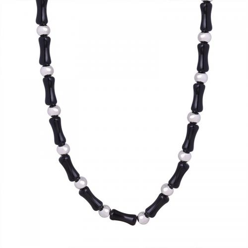 Black Agate Necklace, Titanium Steel, with Black Agate, with 5cm extender chain, Bamboo, handmade, fashion jewelry & Unisex, black Approx 40 cm [