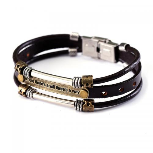 Cowhide Bracelets, 304 Stainless Steel, with Full Grain Cowhide Leather & Zinc Alloy, plated, Unisex & with rhinestone, brown Approx 21 cm 