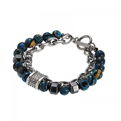 Gemstone Bracelets, 304 Stainless Steel, with Malachite & Hematite & Zinc Alloy, stoving varnish, Unisex, blue Approx 21 cm 