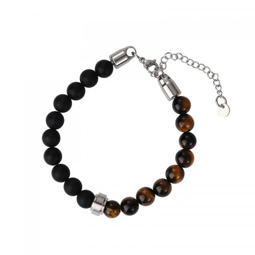 Gemstone Bracelets, 304 Stainless Steel, with Gemstone & Black Agate, with 5CM extender chain, plated & Unisex Approx 18 cm 