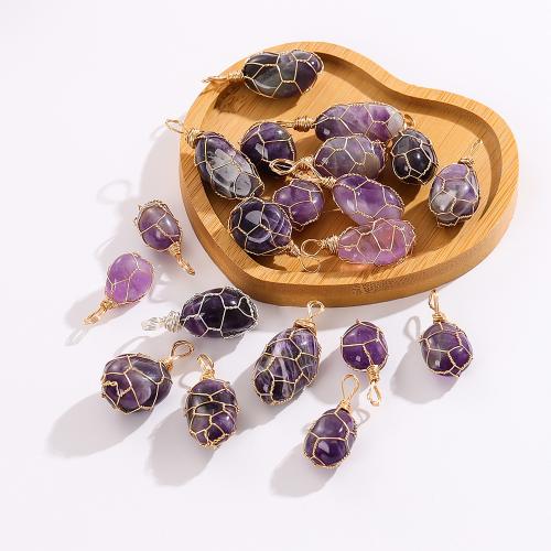 Natural Quartz Pendants, Amethyst, with Brass, irregular, gold color plated, fashion jewelry & DIY, purple, 30mm 