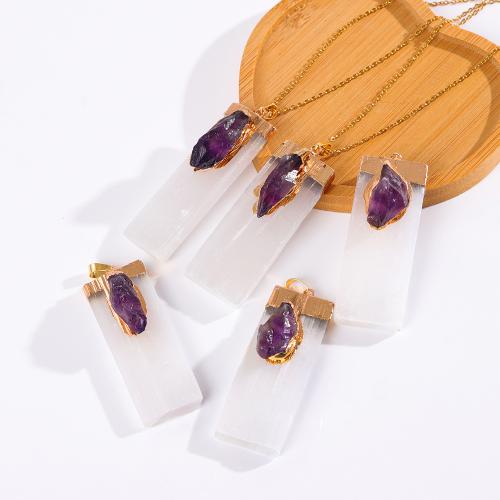 Quartz Necklace, Gypsum Stone, with Amethyst & Brass, Rectangle, gold color plated, fashion jewelry & Unisex 50mm Approx 45 cm [