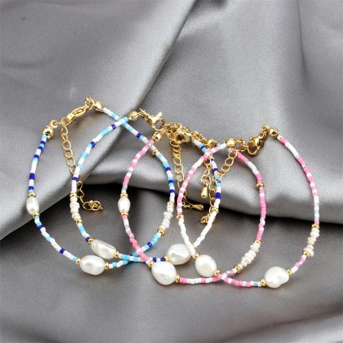 Glass Seed Beads Bracelets, Seedbead, with Freshwater Pearl & Brass, gold color plated, fashion jewelry & for woman Approx 16-22 cm 