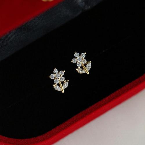 Cubic Zirconia Micro Pave Sterling Silver Earring, 925 Sterling Silver, Flower, 14K gold plated, fashion jewelry & micro pave cubic zirconia & for woman 
