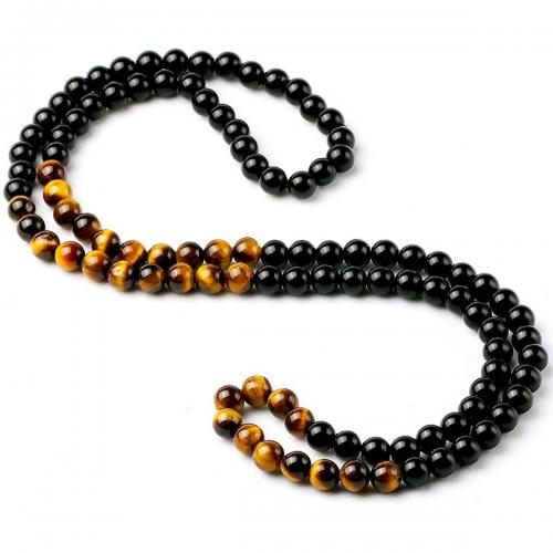 Tigerauge Halskette, mit schwarzer Stein, rund, Modeschmuck & verschiedene Größen vorhanden, schwarz, 107PCs/Strang, verkauft von Strang