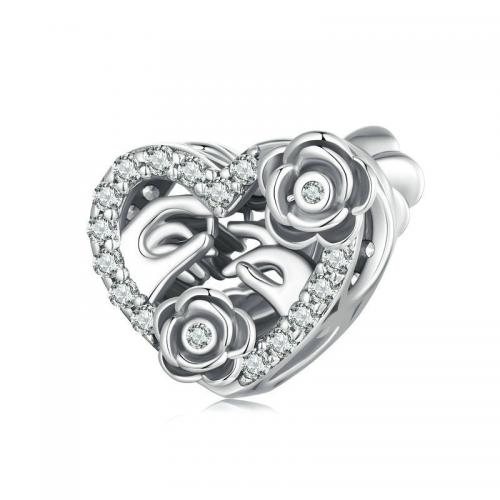 Cubic Zirconia Micro Pave Sterling Silver Bead, 925 Sterling Silver, Heart, DIY & micro pave cubic zirconia & large hole Approx 4.5mm 