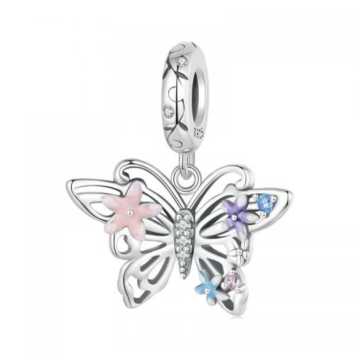 Cubic Zirconia Micro Pave Sterling Silver Pendant, 925 Sterling Silver, Butterfly, DIY & micro pave cubic zirconia & enamel Approx 4.5mm 