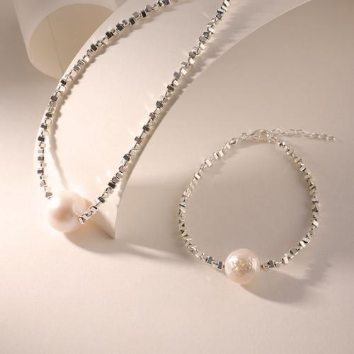 Brass Freshwater Pearl Jewelry Sets, with Freshwater Pearl, silver color plated, fashion jewelry & for woman, silver color 