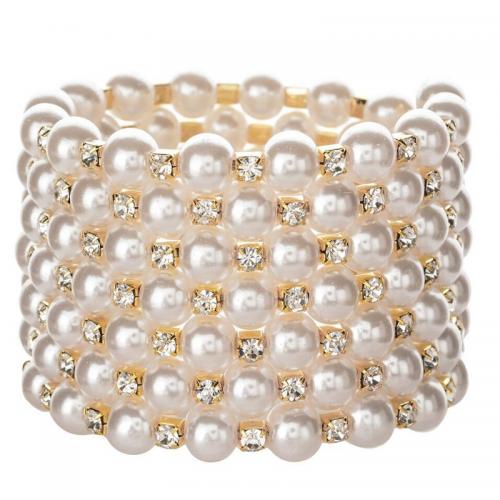 Plastic Pearl Bracelets, with Zinc Alloy, plated, for woman & with rhinestone 
