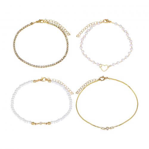 Zinc Alloy Crystal Bracelets, with Crystal & Plastic Pearl, 4 pieces & fashion jewelry & for woman, gold 
