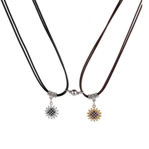 Zinc Alloy Necklace, with leather cord, with 5cm extender chain, Sunflower, 2 pieces & fashion jewelry & for woman Approx 44 cm 