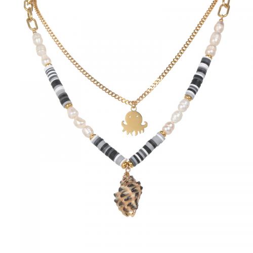Edelstahl -Strickjacke-Ketten -Halskette, 304 Edelstahl, mit Polymer Ton & Kunststoff Perlen, 14 K vergoldet, Modeschmuck & verschiedene Stile für Wahl & für Frau, verkauft von PC