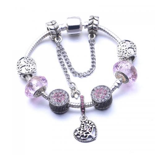Zinc Alloy European Bracelets, with Crystal, Heart, silver color plated, fashion jewelry & for woman & with rhinestone, pink [
