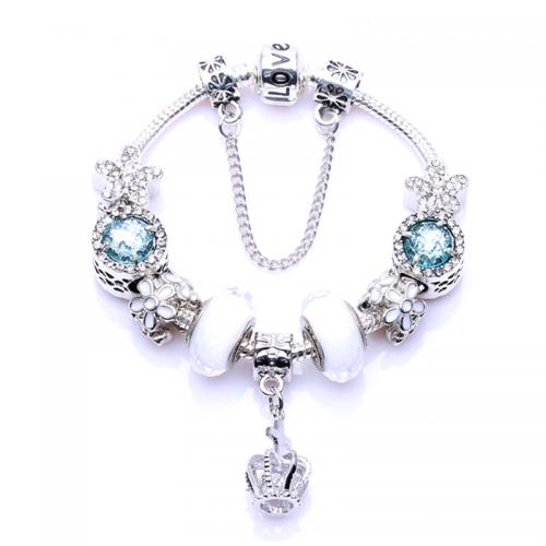 Zinc Alloy European Bracelets, with Crystal & Lampwork, Crown, silver color plated, fashion jewelry & for woman & enamel & with rhinestone [
