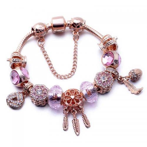 Zinc Alloy European Bracelets, with Crystal, Dream Catcher, gold color plated, fashion jewelry & for woman & with rhinestone, pink [