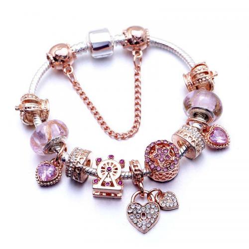 Zinc Alloy European Bracelets, with Crystal & Lampwork, Heart, plated, fashion jewelry & for woman & with rhinestone, pink [