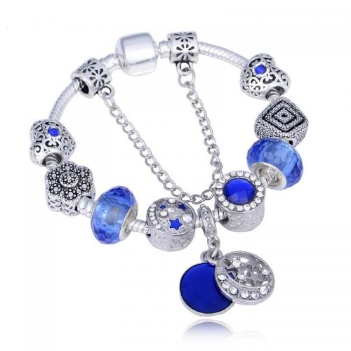 Zinc Alloy European Bracelets, with Crystal, Flat Round, silver color plated, fashion jewelry & for woman & enamel & with rhinestone, blue [