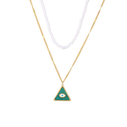 Plastic Pearl Necklace, 304 Stainless Steel, with Plastic Pearl, with 6.5cm extender chain, Triangle, Double Layer & for woman & enamel, golden Approx 36 cm, Approx 45 cm 