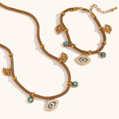 Evil Eye Jewelry Set, 316L Stainless Steel, with turquoise, 18K gold plated & for woman & with rhinestone, golden 