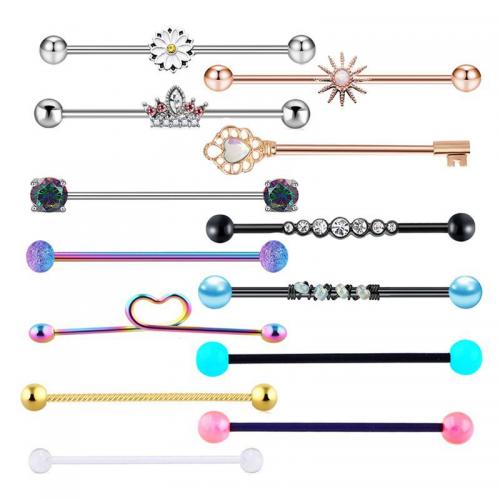 Stainless Steel Straight Barbell, 304 Stainless Steel, Vacuum Ion Plating, Unisex & with rhinestone, mixed colors [
