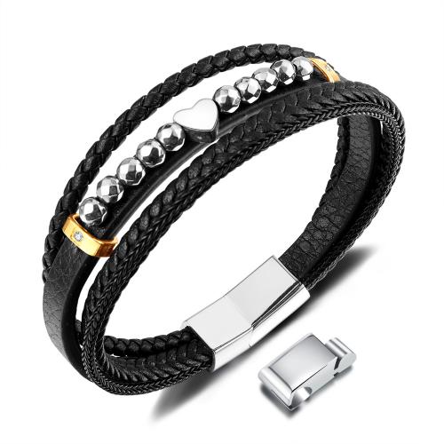 Bracelets magnétiques, Fibre, avec Hématite & Acier inoxydable 304, avec 14mm chaînes de rallonge, fait à la main, trois couches & bijoux de mode & pour homme, noire mm Environ 210 mm, Vendu par PC