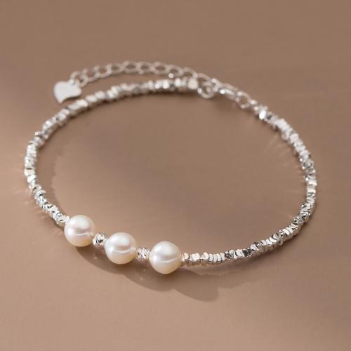 Sterling Silver Bracelets, 925 Sterling Silver, with Plastic Pearl, with 4.5CM extender chain, plated, for woman, silver color Approx 15.5 cm 