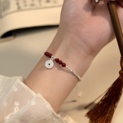 Sterling Silver Bracelets, 925 Sterling Silver, with Cinnabar, with 4CM extender chain, plated, for woman, silver color Approx 15.5 cm 