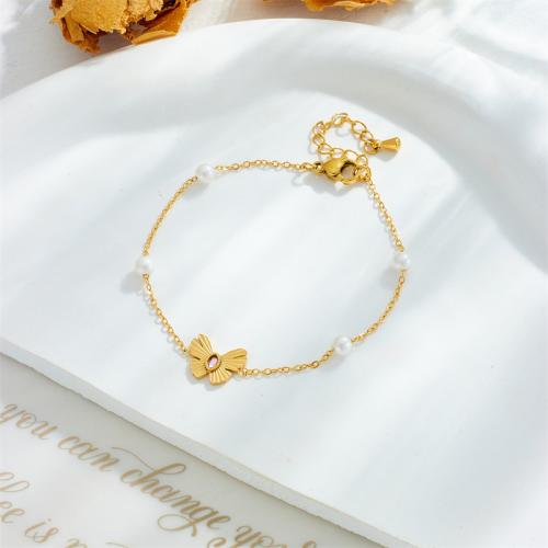 Edelstahl Armbänder, 304 Edelstahl, mit Strass & Kunststoff Perlen, Modeschmuck & für Frau, goldfarben, Länge:ca. 21 cm, verkauft von PC