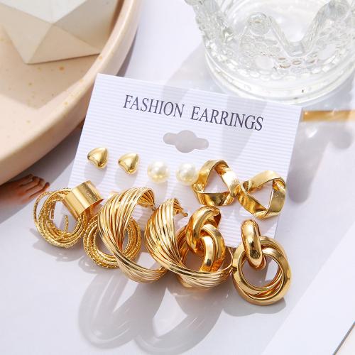 Zinc Alloy Earring Set, with Plastic Pearl, gold color plated, fashion jewelry & for woman & hollow 