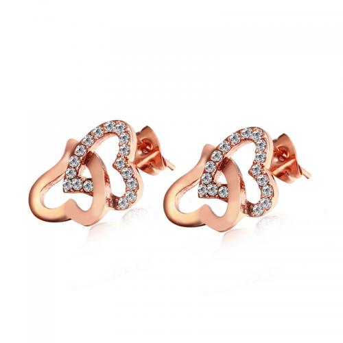 Stainless Steel Rhinestone Stud Earring, 316L Stainless Steel, Heart, Vacuum Ion Plating, fashion jewelry & for woman & with rhinestone & hollow, rose gold color, nickel, lead & cadmium free, 16mm 