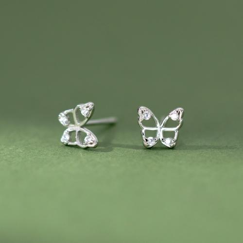 Cubic Zirconia Micro Pave Sterling Silver Earring, 925 Sterling Silver, Butterfly, plated, micro pave cubic zirconia & for woman, silver color, 6mm 