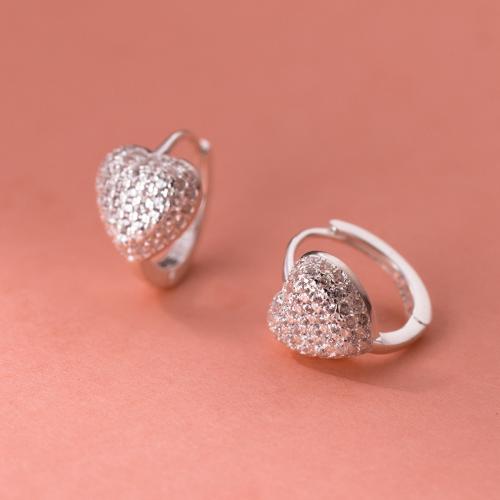 Cubic Zirconia Micro Pave Sterling Silver Earring, 925 Sterling Silver, Heart, plated, micro pave cubic zirconia & for woman, silver color, The inner diameter of the ear buckle was 1 cm 
