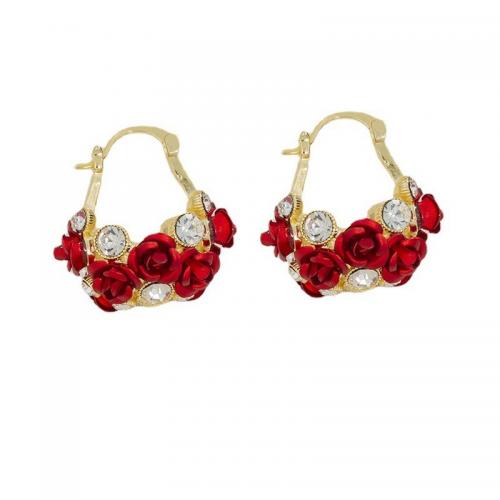 Zinc Alloy Lever Back Earring, Flower Basket, gold color plated, for woman & enamel & with rhinestone 