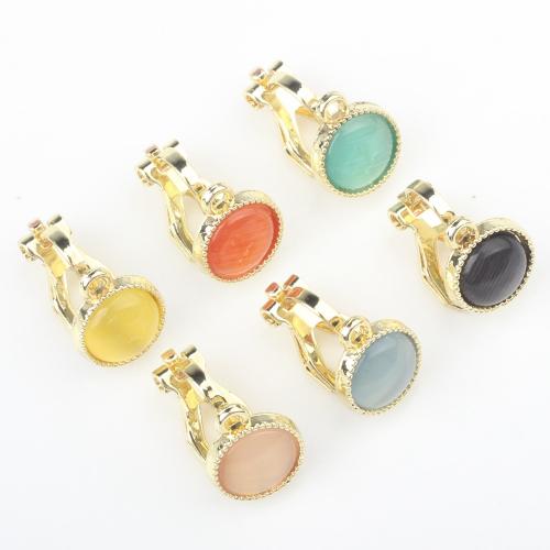 Zinc Alloy Clip Earring Component, with Cats Eye, Flat Round, gold color plated, DIY 