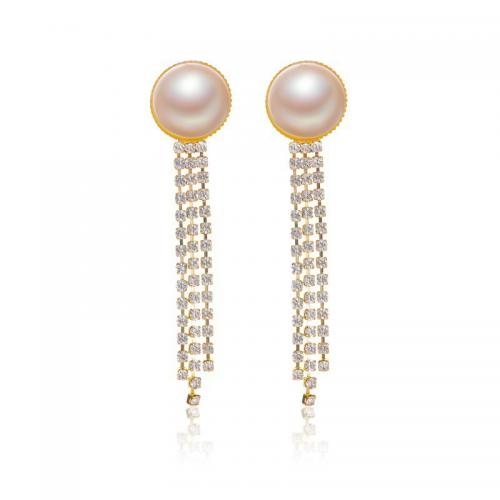Fashion Fringe Earrings, Zinc Alloy, with Plastic Pearl, plated, fashion jewelry & for woman & with rhinestone, golden, 60mm 