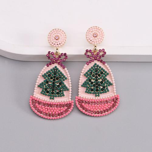 Glass Seed Beads Earring, Zinc Alloy, with Seedbead, Christmas Tree, plated, fashion jewelry & enamel & with rhinestone, pink 