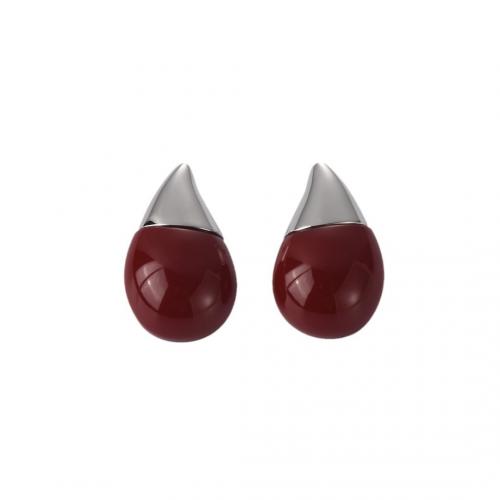 Agate Stud Earring, Brass, with Red Agate & White Agate, plated, for woman [