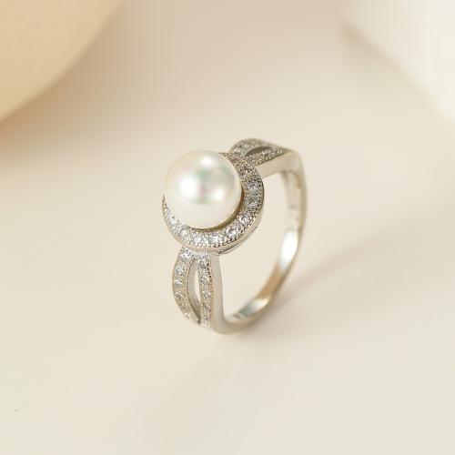 Cubic Zirconia Micro Pave Brass Finger Ring, with Plastic Pearl, platinum plated, fashion jewelry & micro pave cubic zirconia & for woman, white 