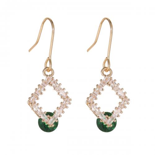Cubic Zircon Brass Earring, with Cubic Zirconia, Rhombus, gold color plated, fashion jewelry & for woman & hollow, green 