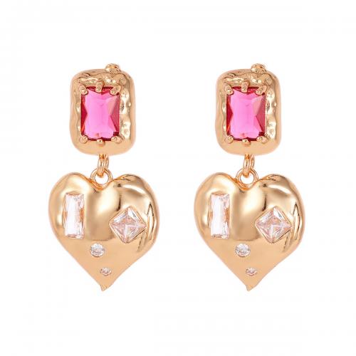 Cubic Zircon Brass Earring, with Cubic Zirconia, Heart, gold color plated, fashion jewelry & for woman, pink 