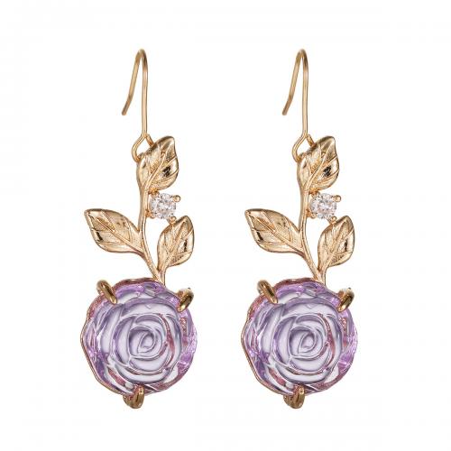 Cubic Zircon Brass Earring, with Cubic Zirconia & Crystal, Rose, gold color plated, fashion jewelry & for woman, purple 