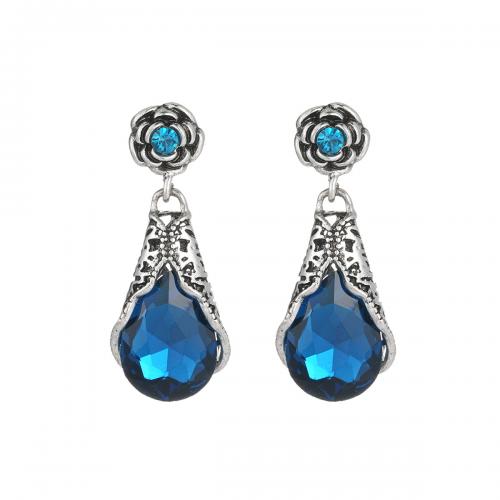 Crystal Drop Earring, Brass, with Crystal, Teardrop, antique silver color plated, vintage & fashion jewelry & for woman, blue 