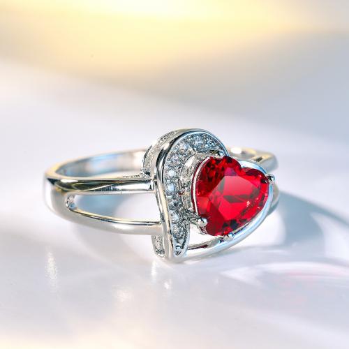 Brass, with Cubic Zirconia, Heart, platinum plated, fashion jewelry & for woman, red, 12mm 