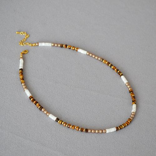 Gemstone Necklaces, Brass, with Tiger Eye & White Shell & Plastic Pearl, with 1.97inch extender chain, Baroque, handmade, fashion jewelry & for woman Approx 15.74 Inch 