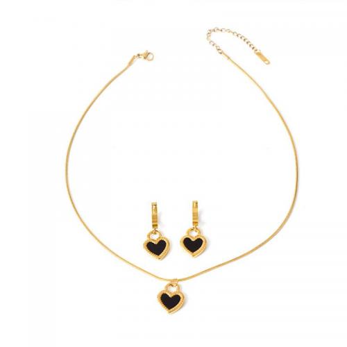 Titanium Steel Jewelry Set, earring & necklace, with Acrylic, with 6.5cm extender chain, Heart, gold color plated, 2 pieces & fashion jewelry & for woman Approx 40 cm 