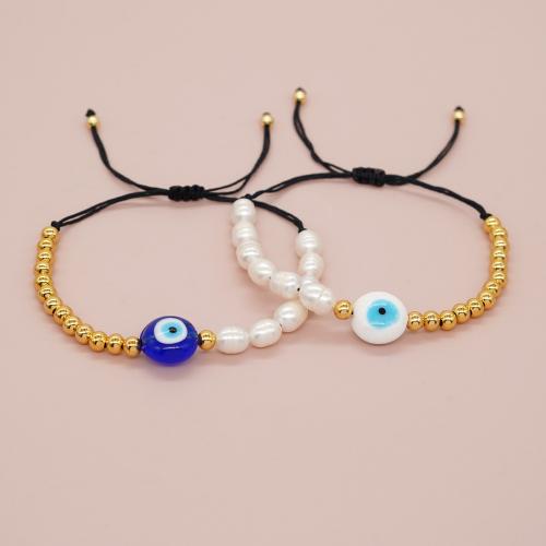 Evil Eye Jewelry Bracelet, Freshwater Pearl, with Knot Cord & Lampwork & Brass, gold color plated, Adjustable & fashion jewelry & for woman Approx 28 cm 