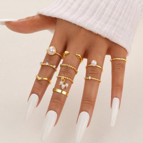 Zinc Alloy Ring Set, with Plastic Pearl, plated, 10 pieces & fashion jewelry & with rhinestone, gold 