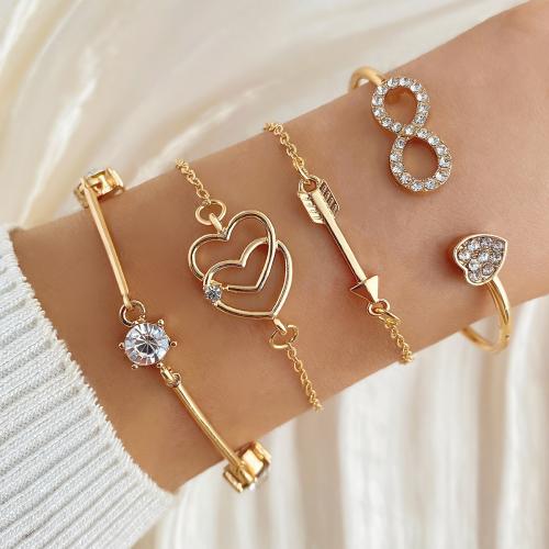 Zinc Alloy Rhinestone Bracelets, plated, 4 pieces & fashion jewelry & with rhinestone, golden 